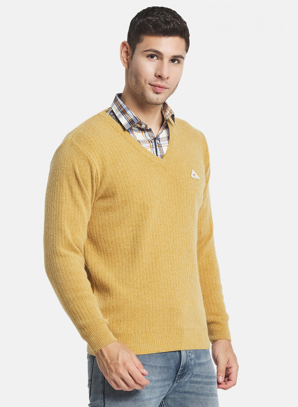 Men Mustard Solid Pullover