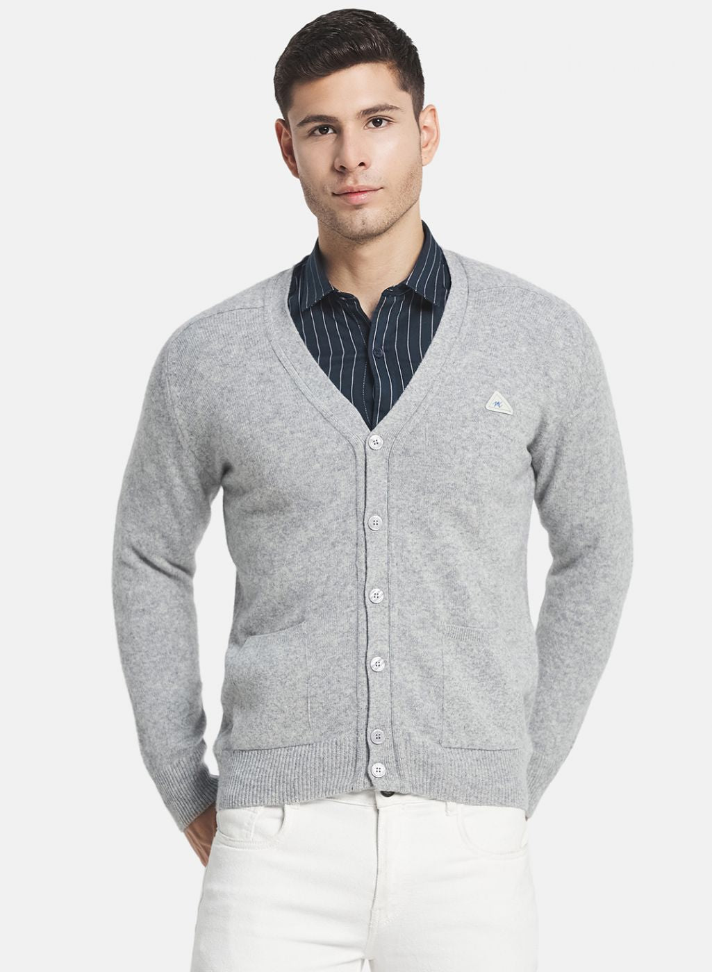 Men Grey Solid Cardigan