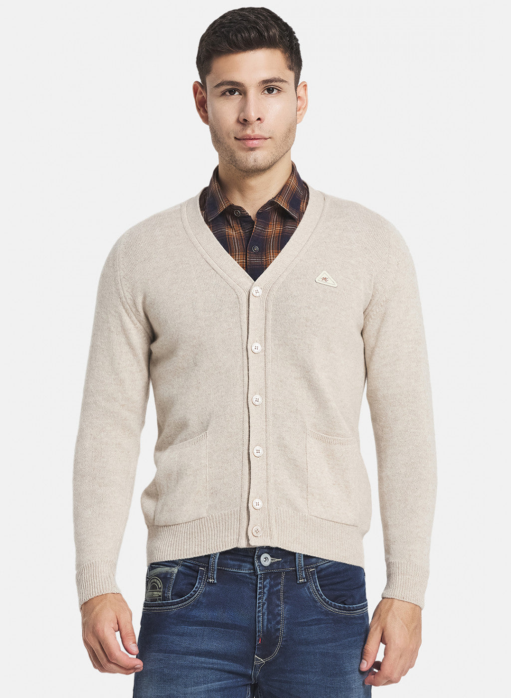 Men Beige Solid Cardigan