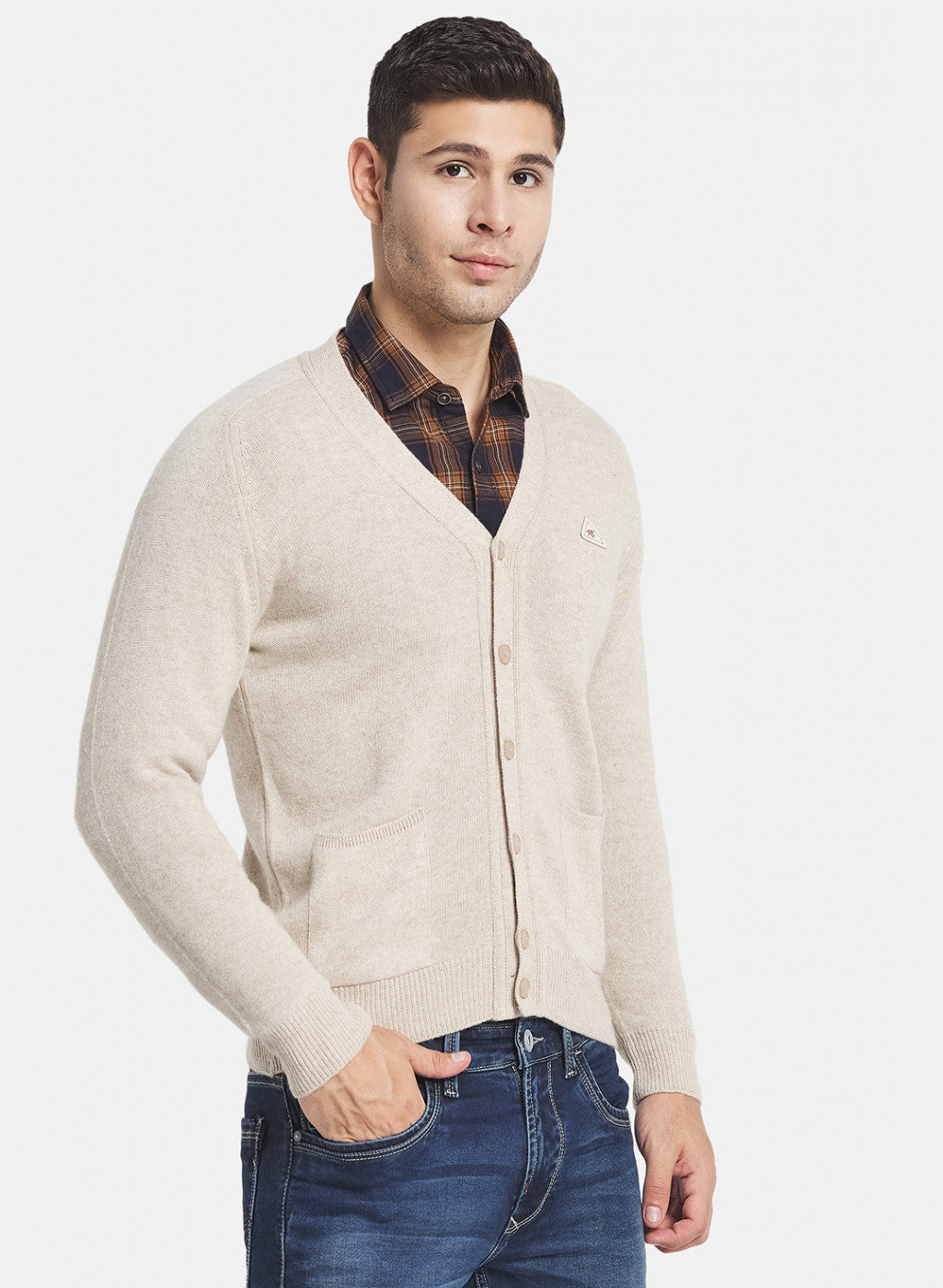 Men Beige Solid Cardigan