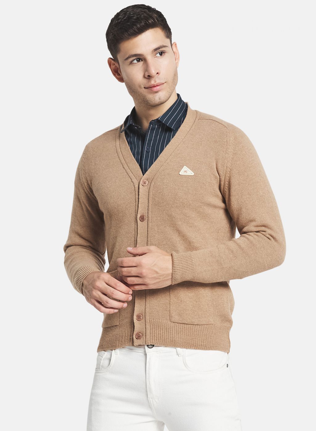 Men Beige Solid Cardigan