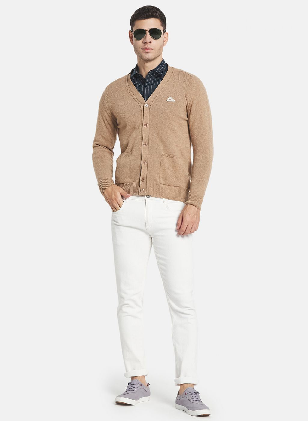 Men Beige Solid Cardigan