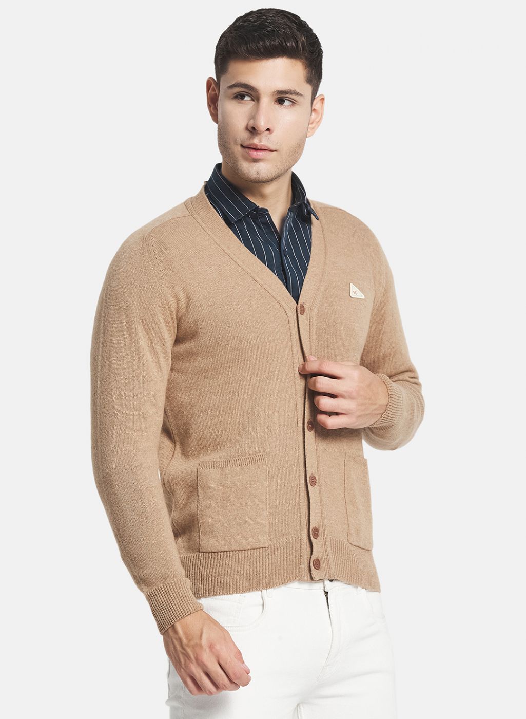 Men Beige Solid Cardigan