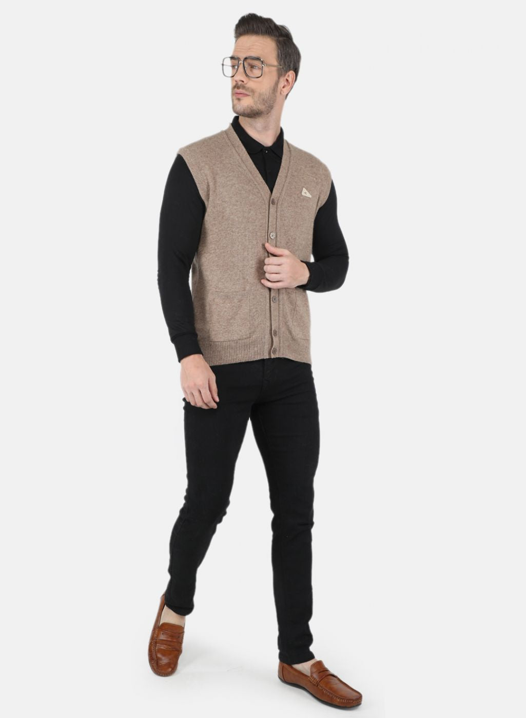 Men Beige Solid Cardigan