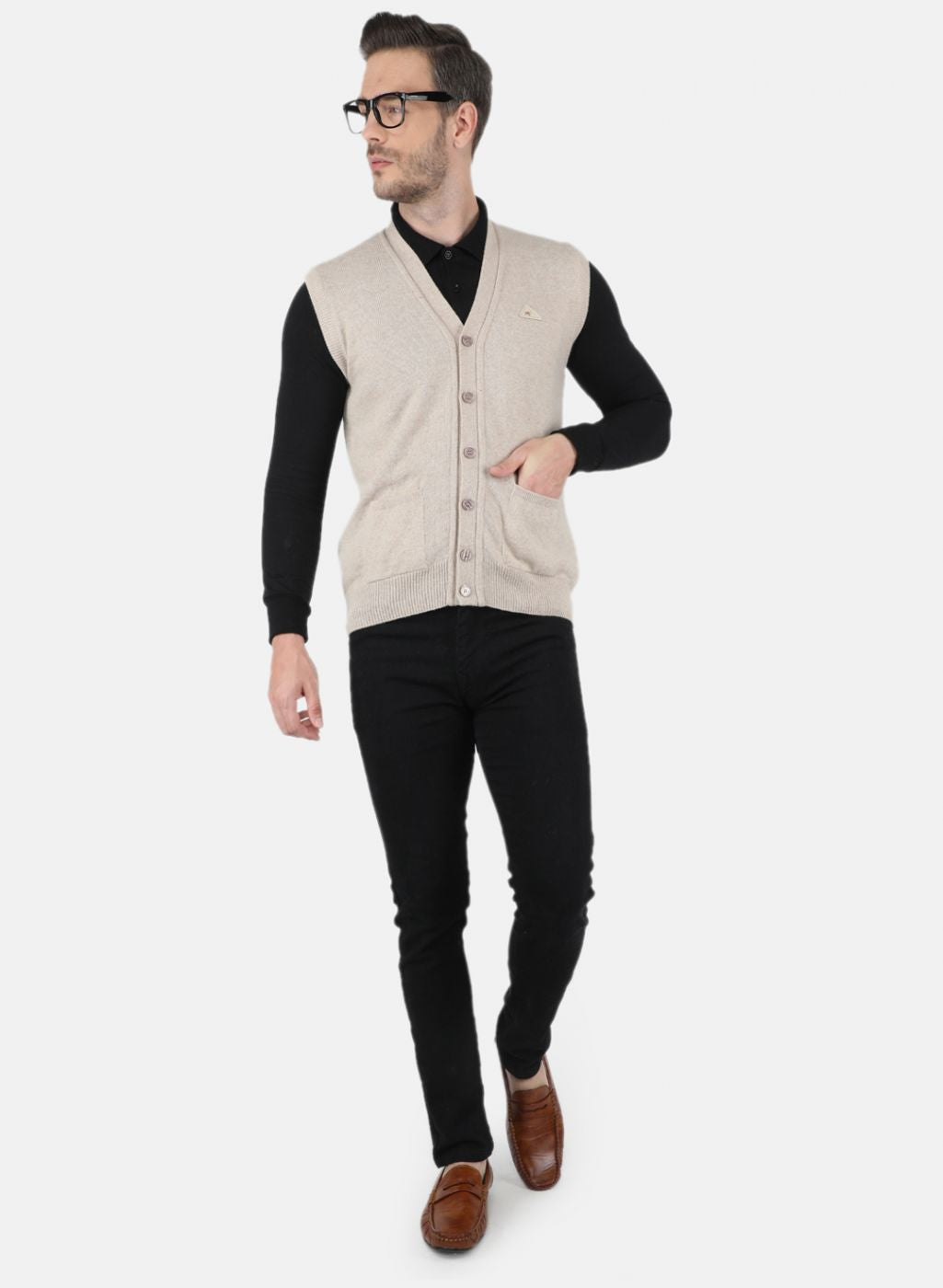 Men Beige Solid Cardigan