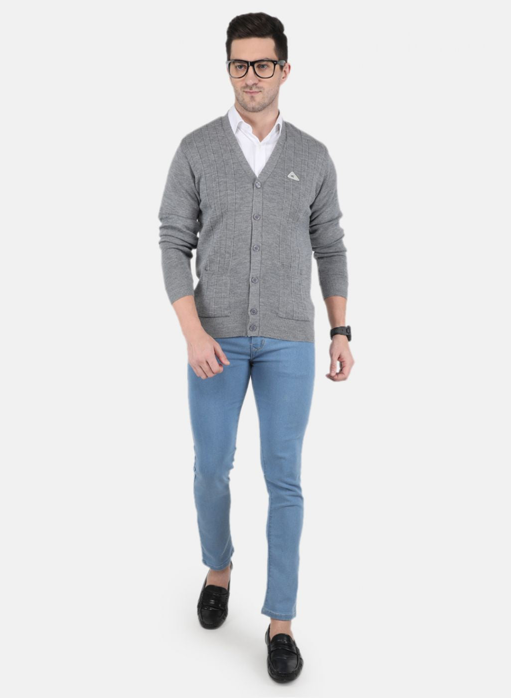 Men Grey Solid Cardigan