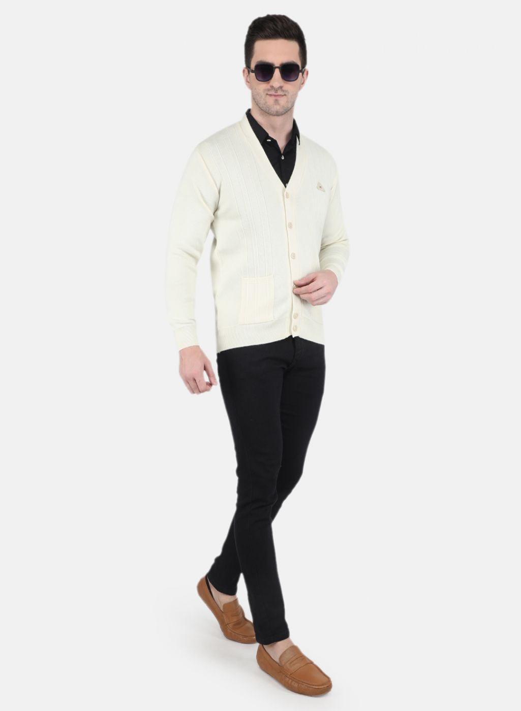 Men Off White Solid Cardigan