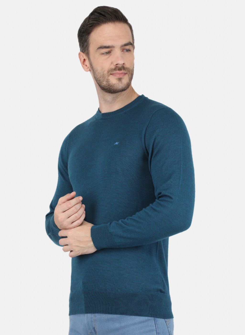 Men Teal Blue Solid Pullover