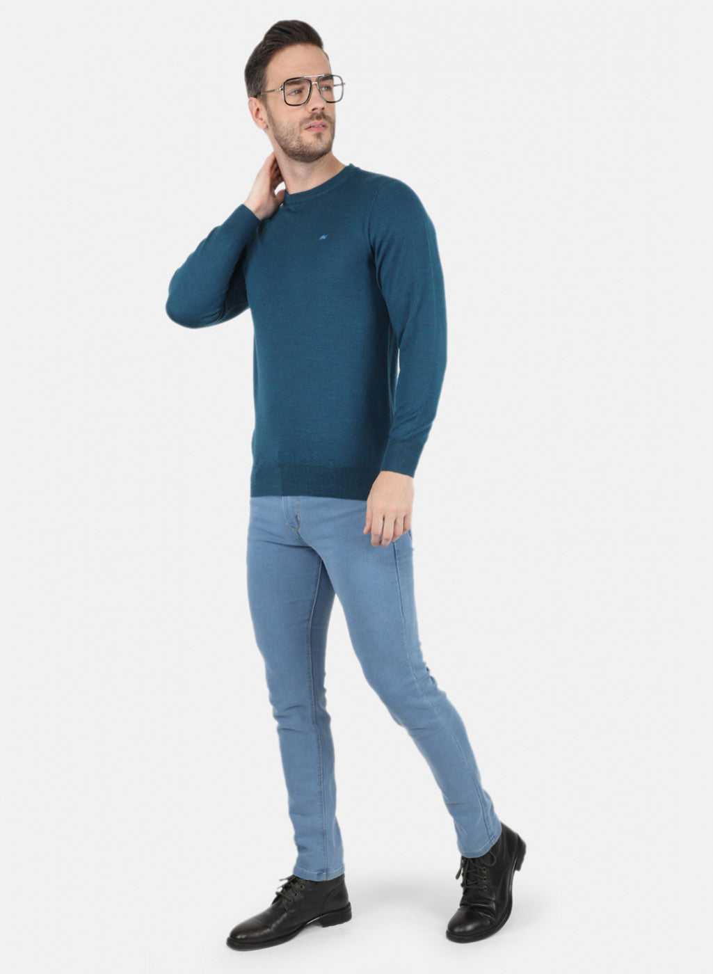 Men Teal Blue Solid Pullover