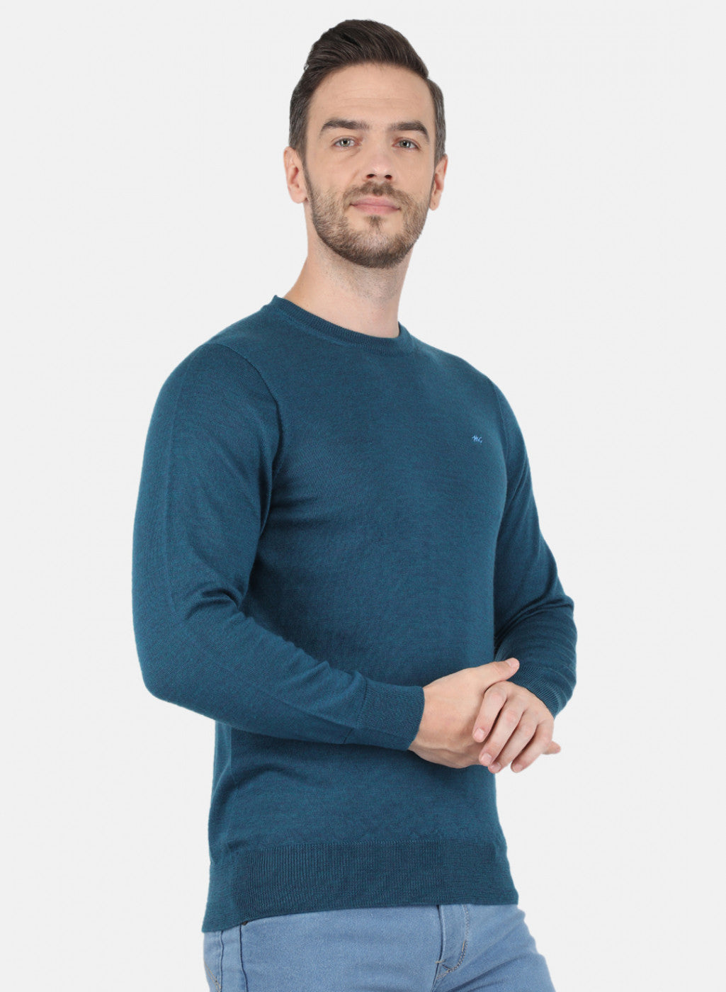 Men Teal Blue Solid Pullover