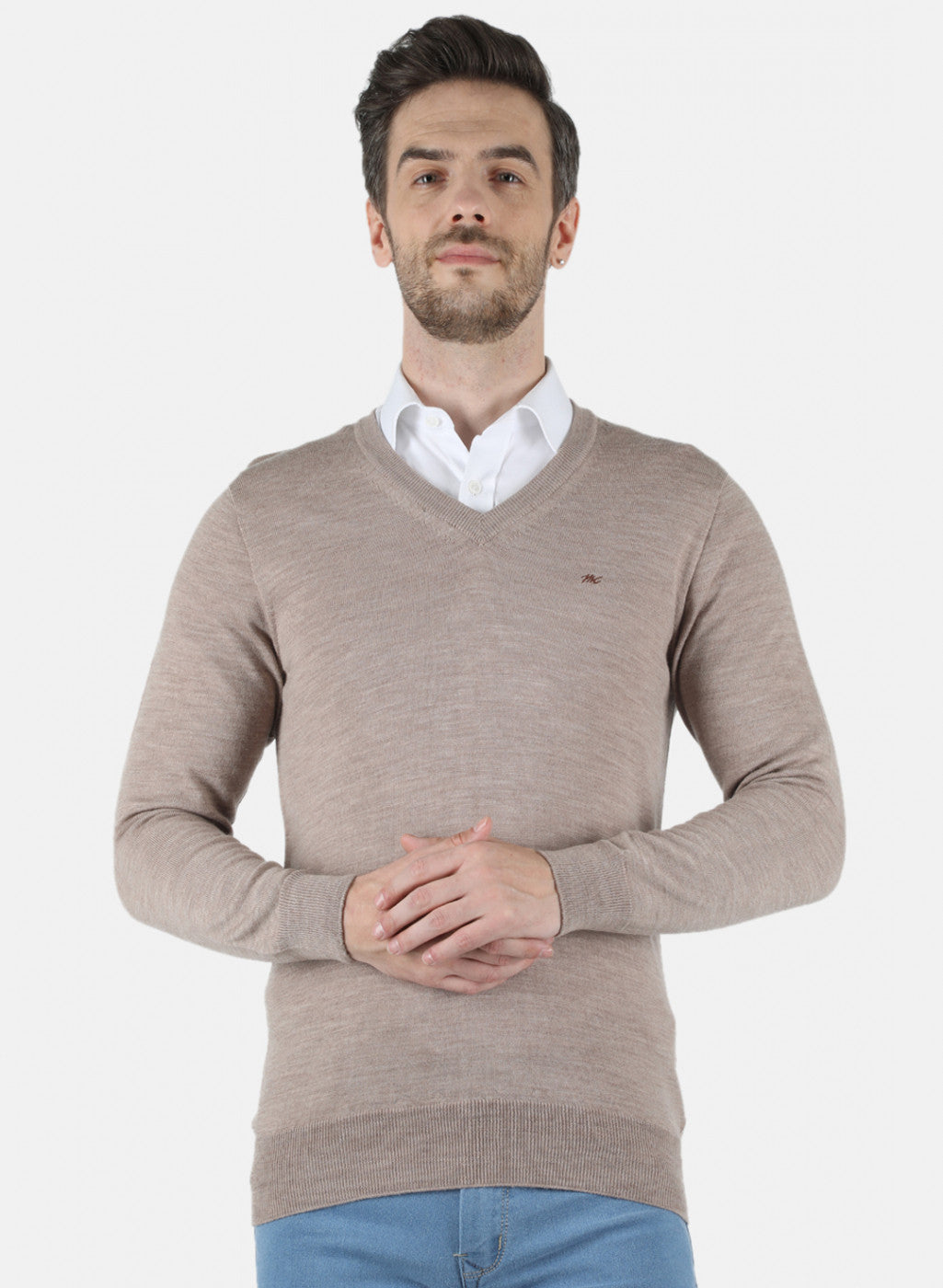 Men Beige Solid Pullover