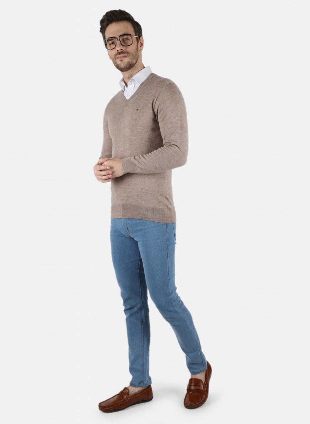 Men Beige Solid Pullover