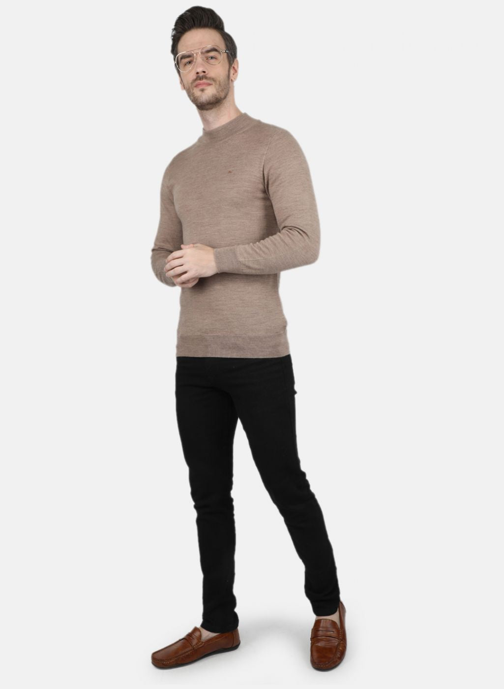 Men Beige Solid Pullover