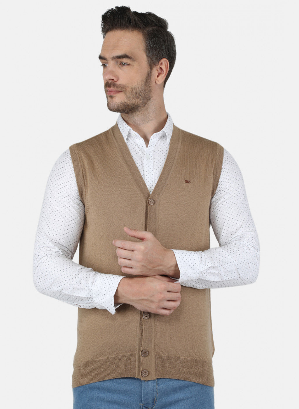 Men Beige Solid Cardigan