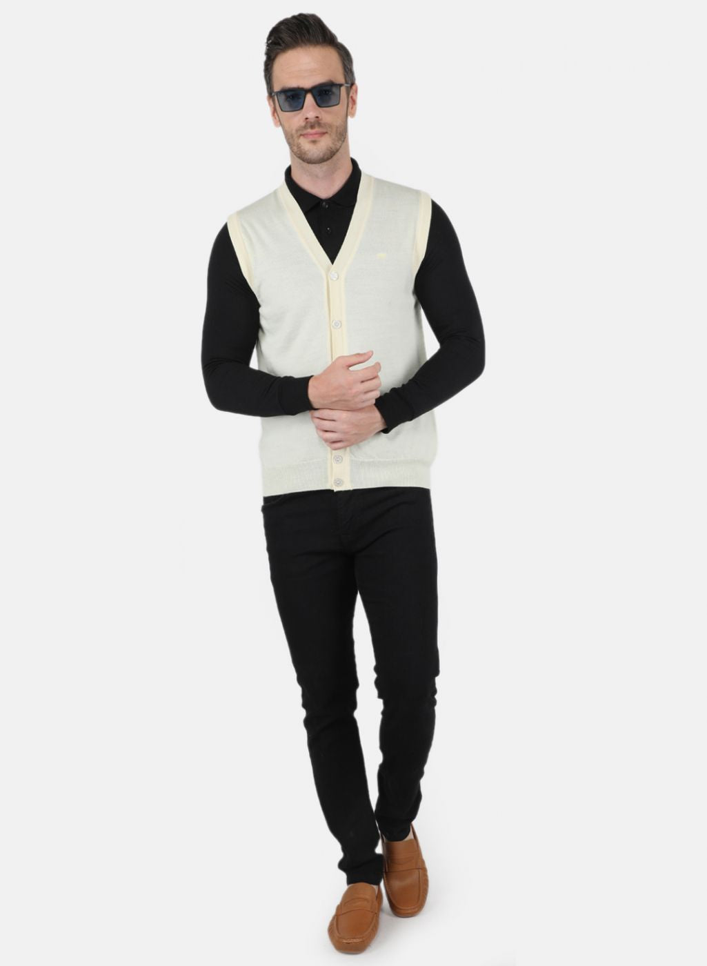 Men Off White Solid Cardigan