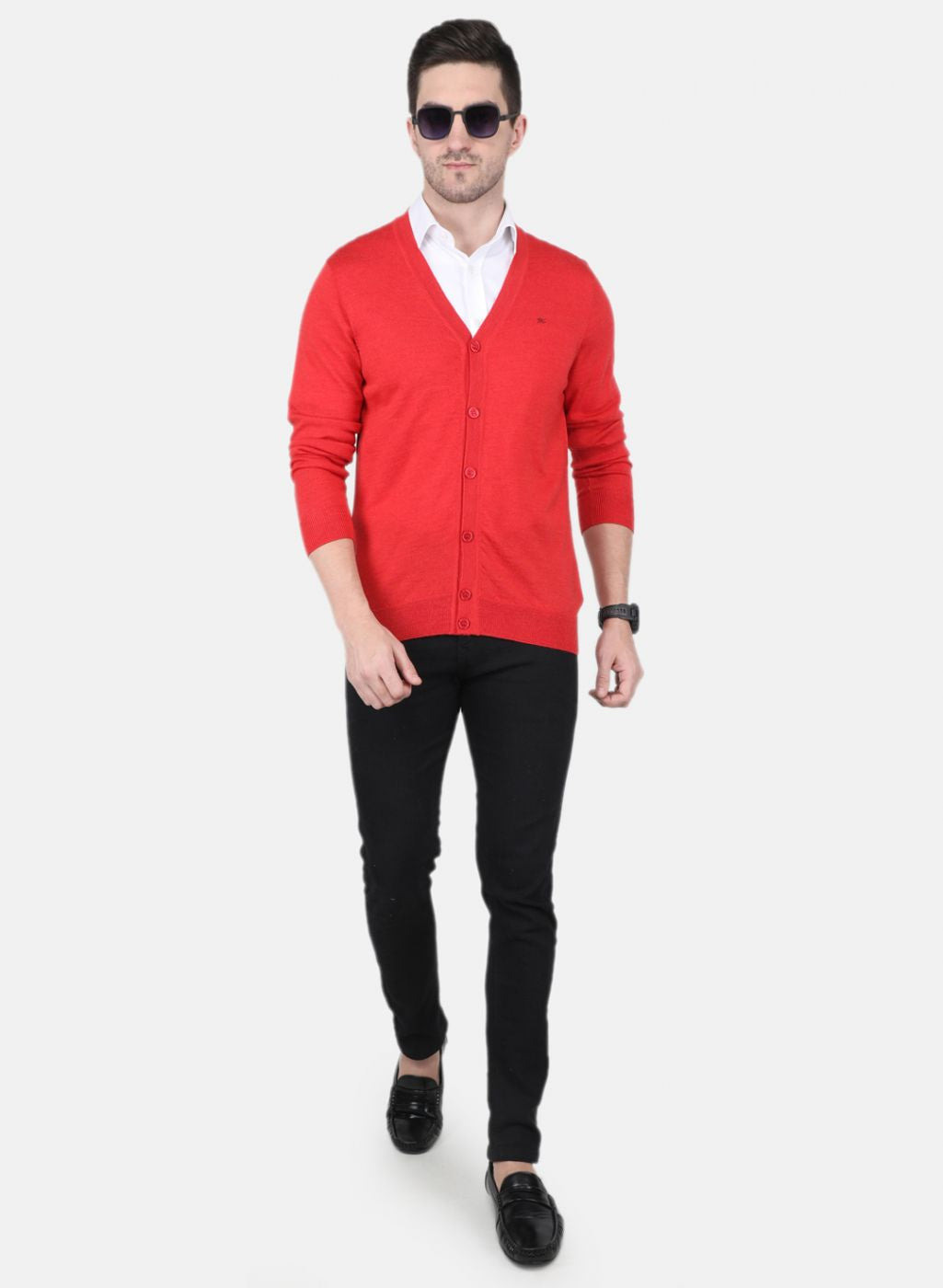 Men Red Solid Cardigan