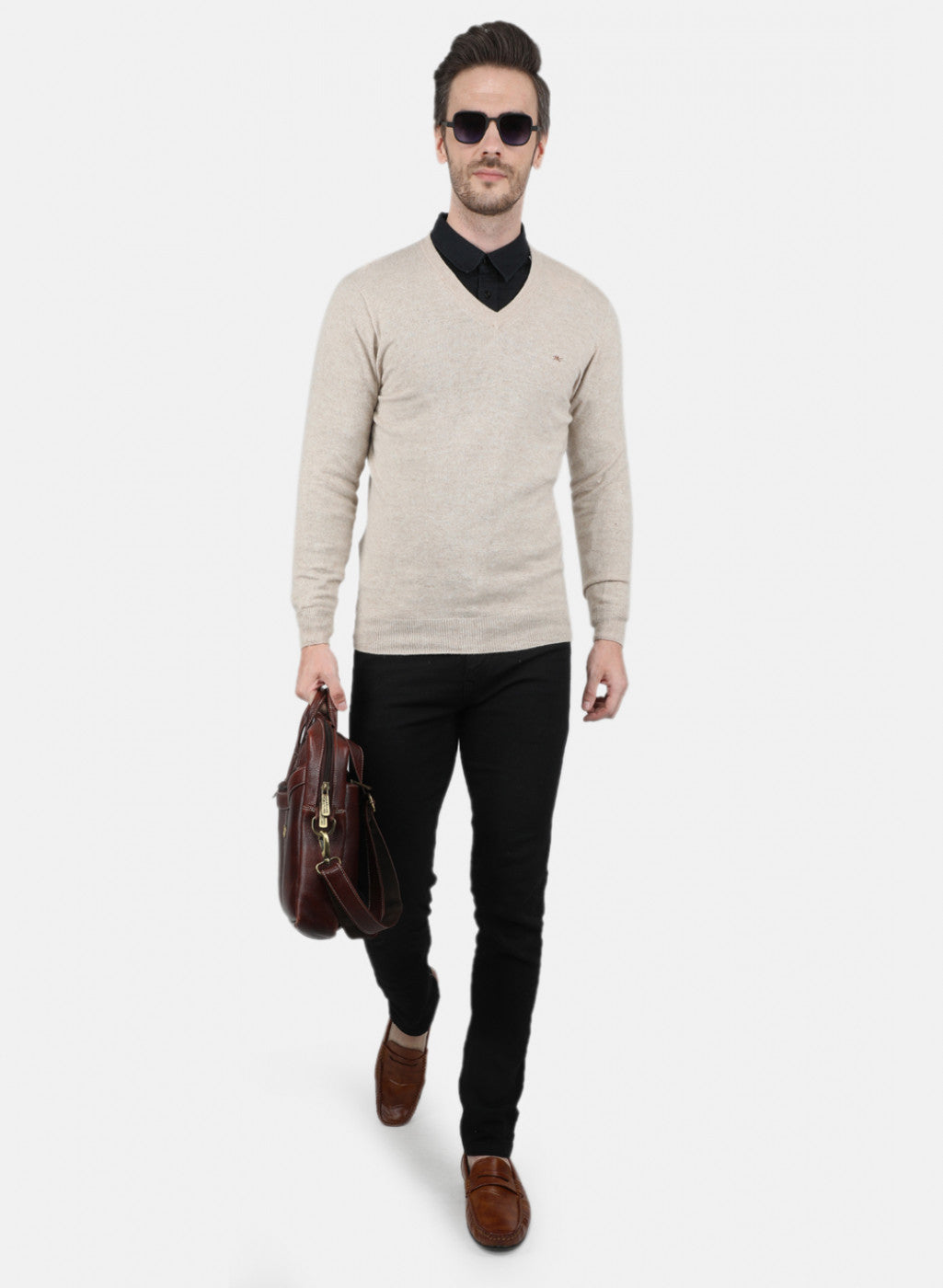 Men Beige Solid Pullover