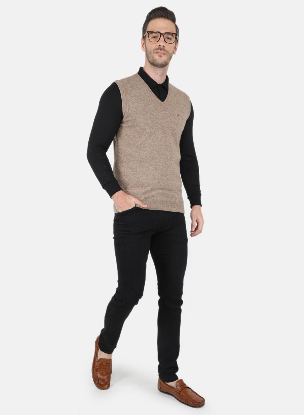 Men Beige Solid Sweater