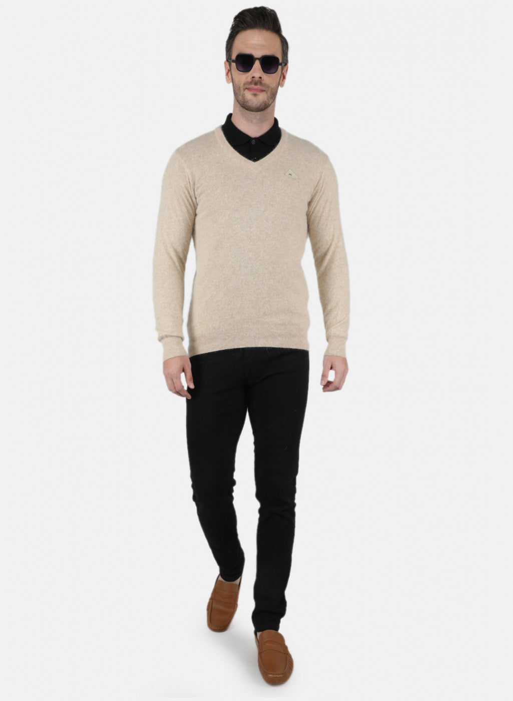 Men Beige Solid Pullover