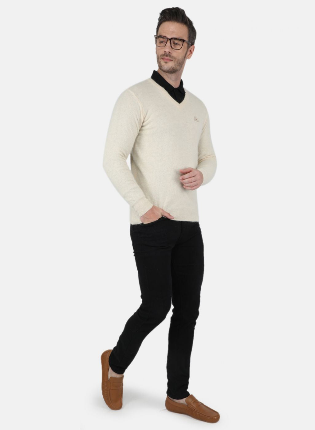 Men Cream Solid Sweater