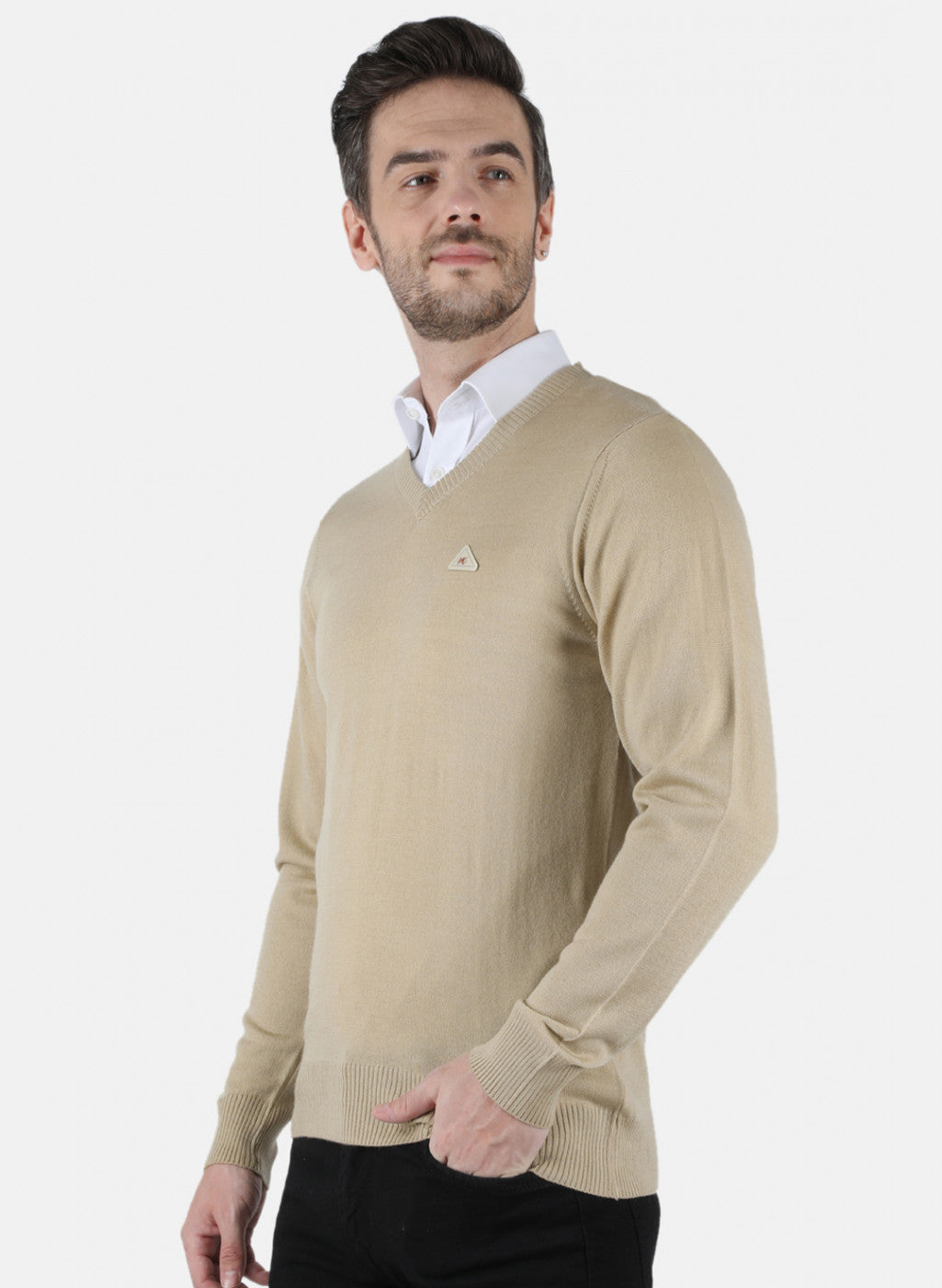 Men Beige Solid Pullover