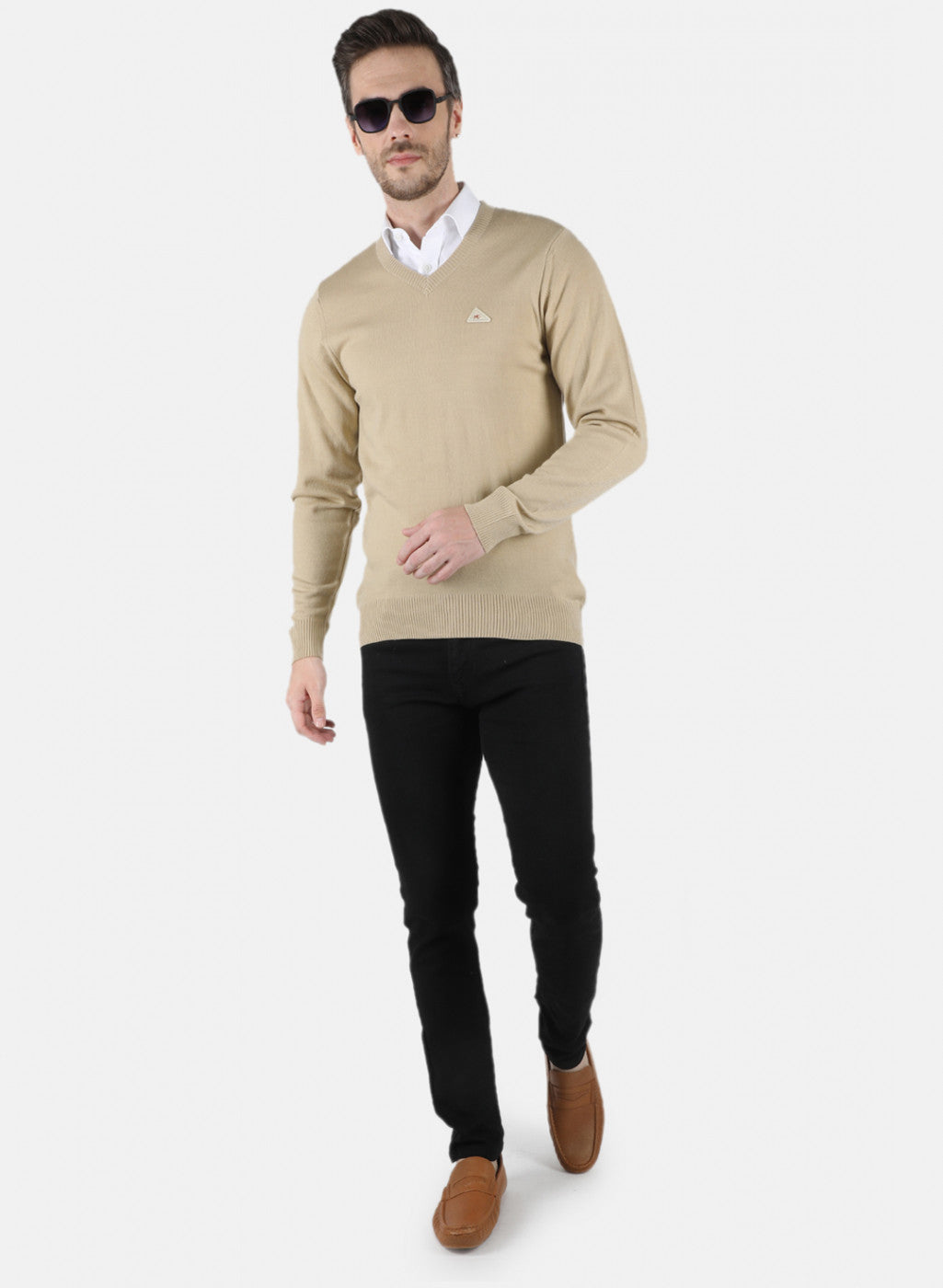 Men Beige Solid Pullover