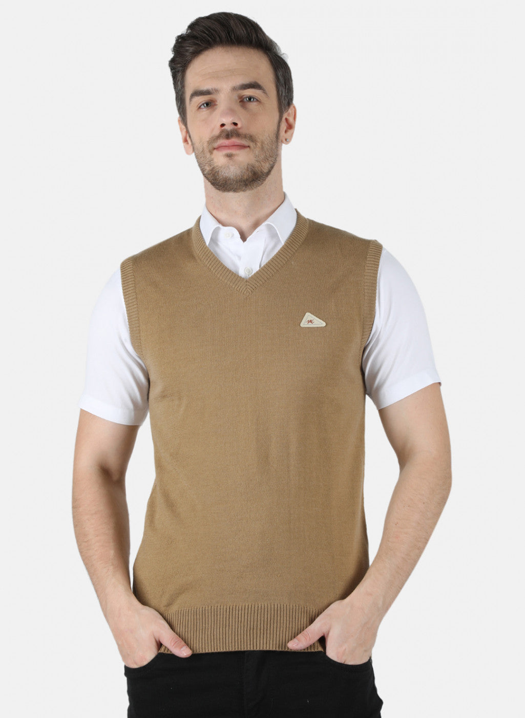 Men Camel Brown Solid Sweater