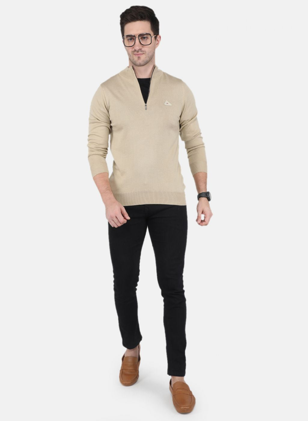 Men Beige Solid Pullover