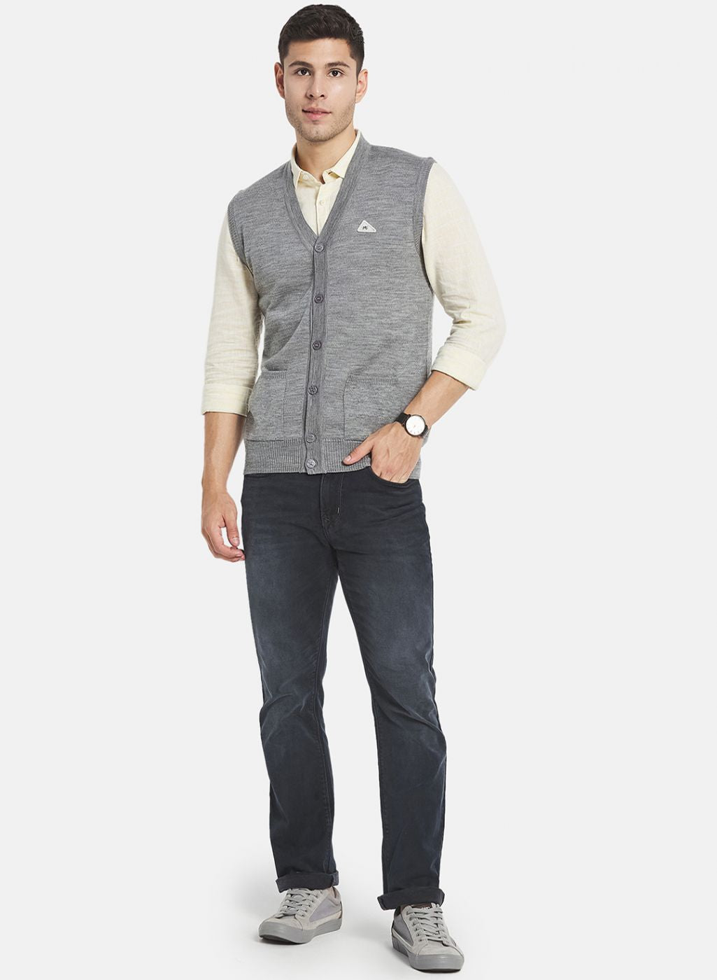 Men Grey Solid Cardigan