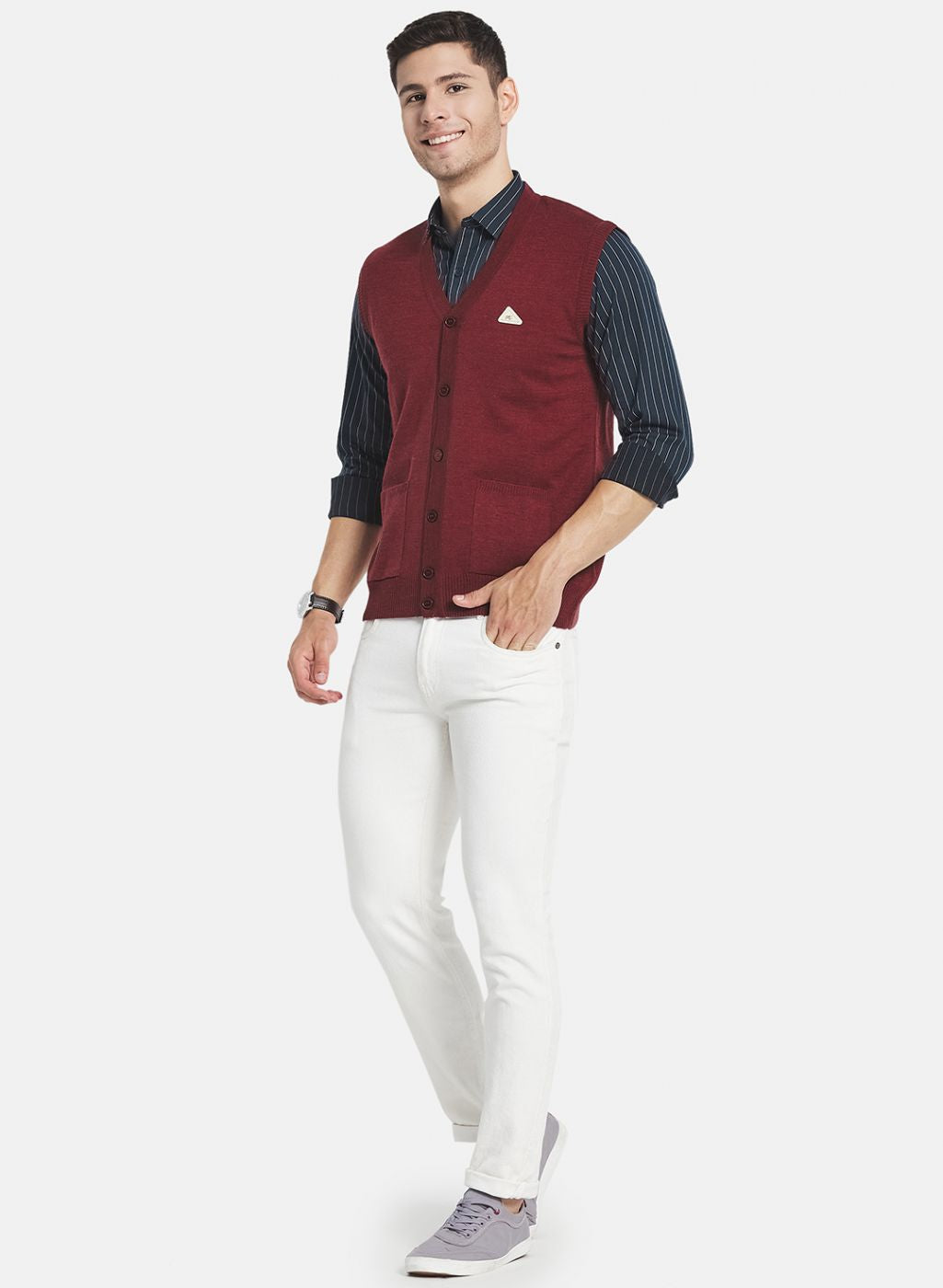 Men Maroon Solid Cardigan