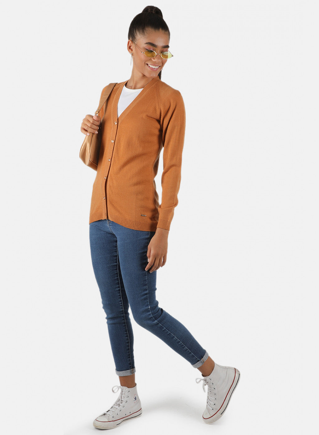 Women Light Orange Solid Cardigan