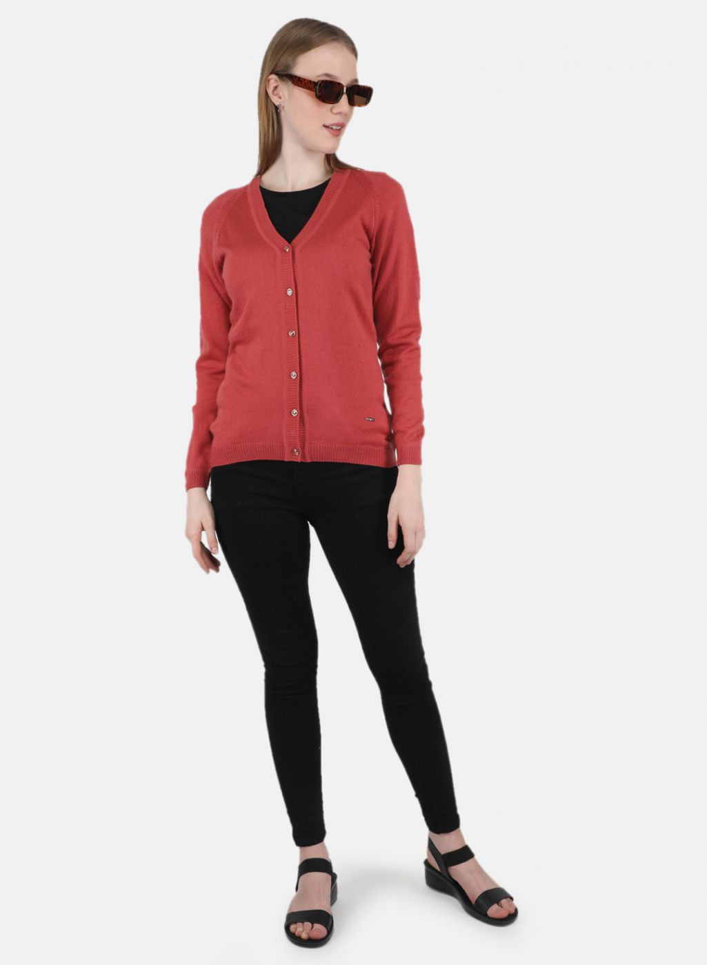 Women Red Solid Cardigan