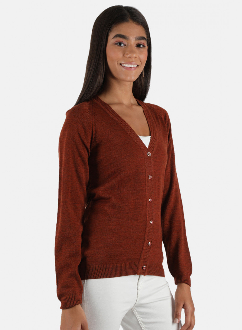 Women Rust Orange Solid Cardigan