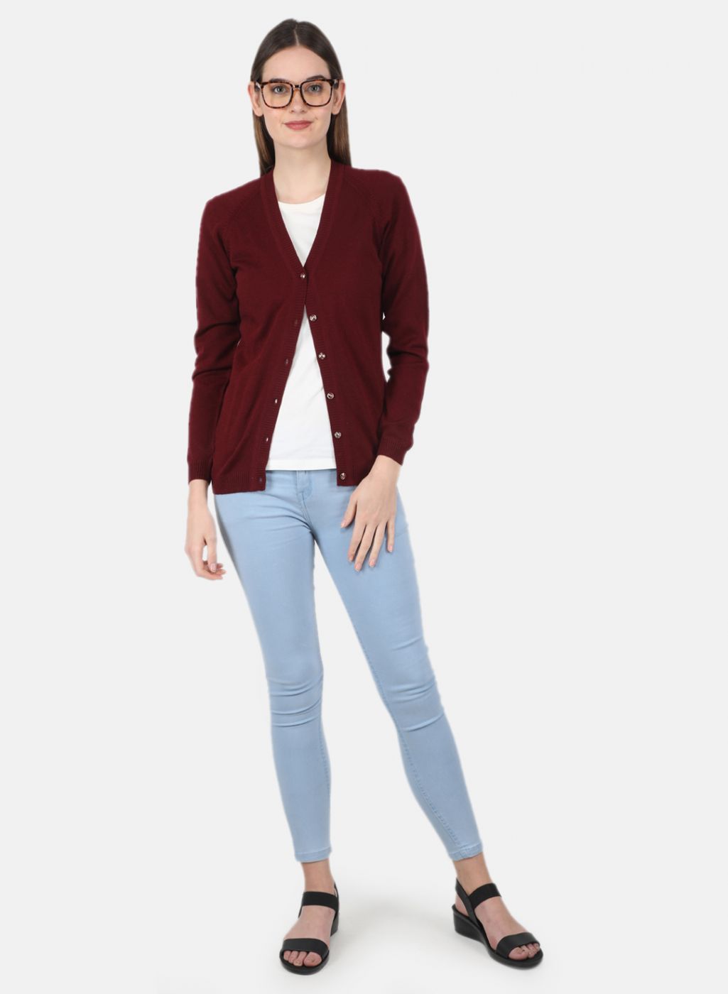 Women Maroon Solid Cardigan