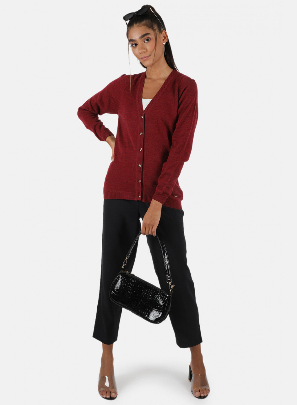 Women Maroon Solid Cardigan