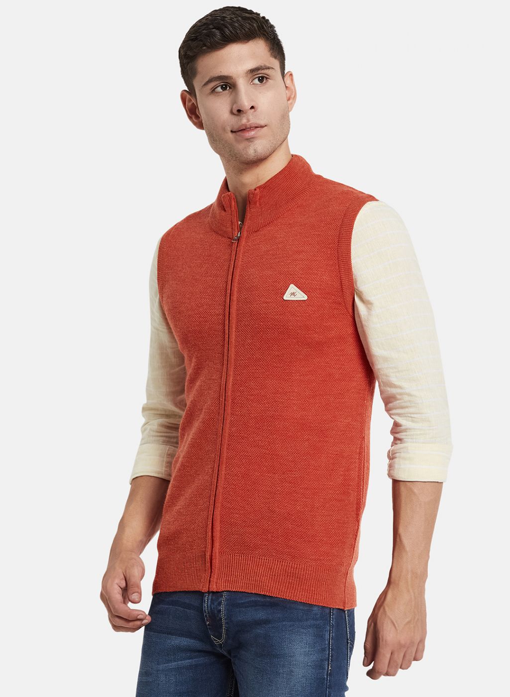 Men Orange Self Design Sweater