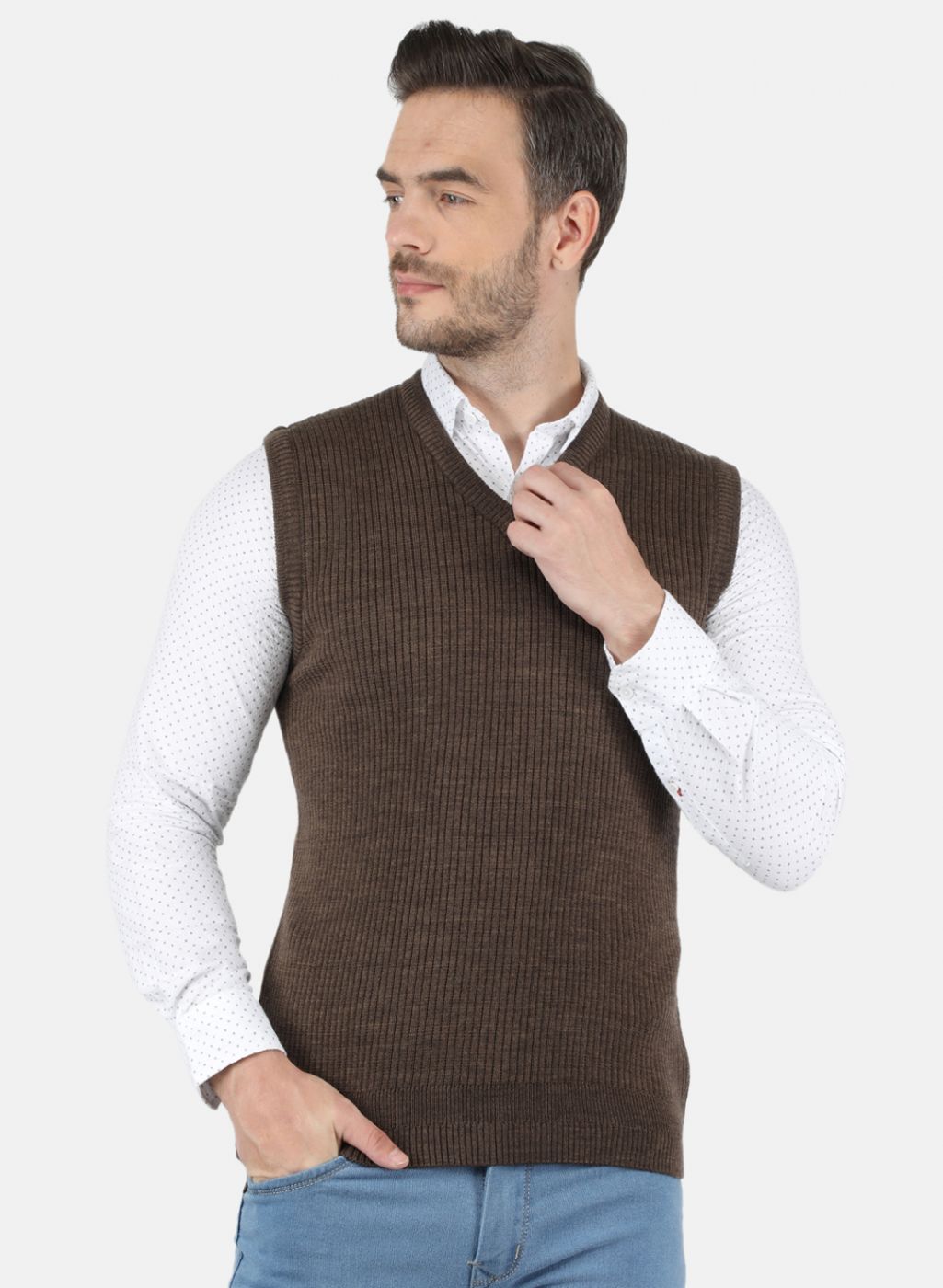 Men Brown Self Design Sweater