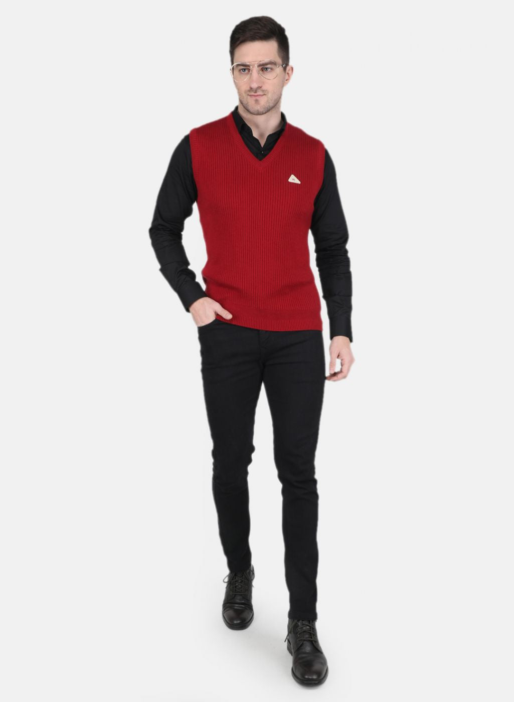 Men Maroon Self Design Sweater