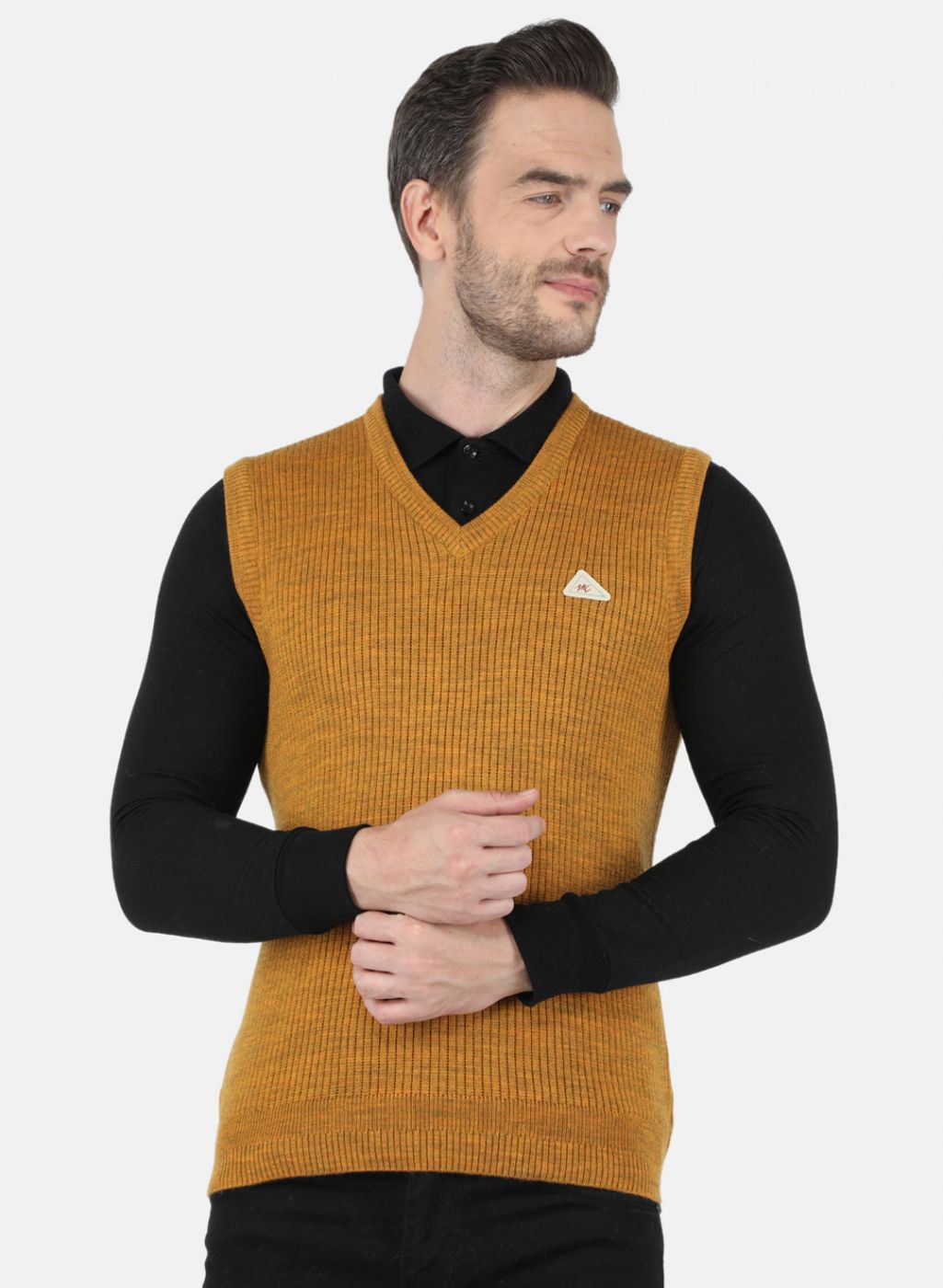 Men Yellow Self Design Sweater