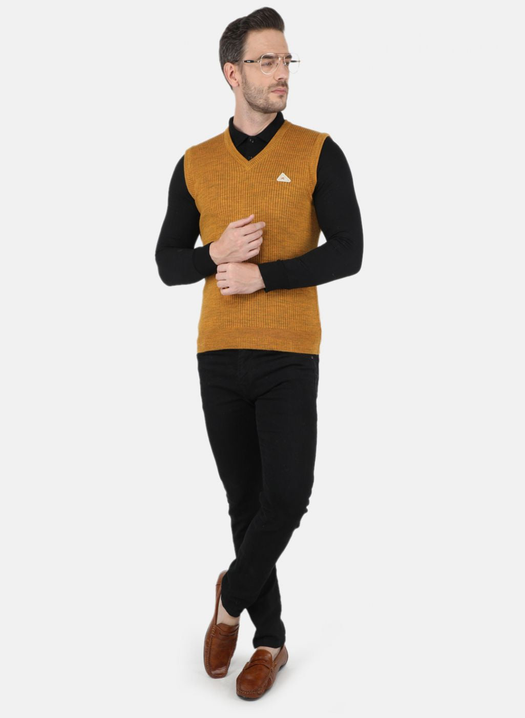 Men Yellow Self Design Sweater