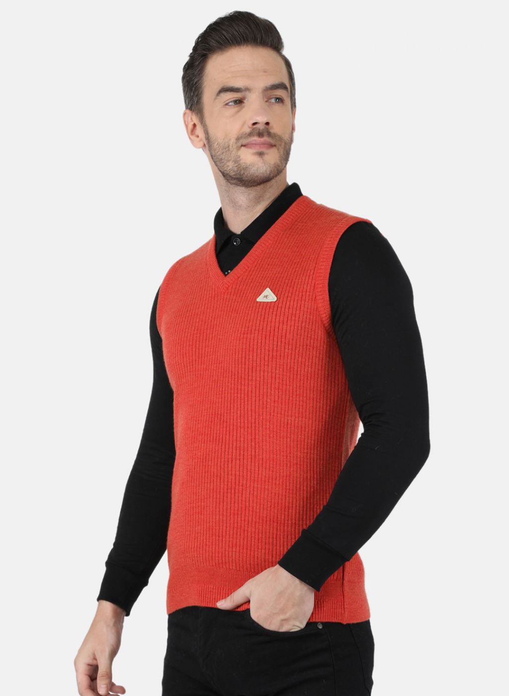 Men Orange Self Design Sweater