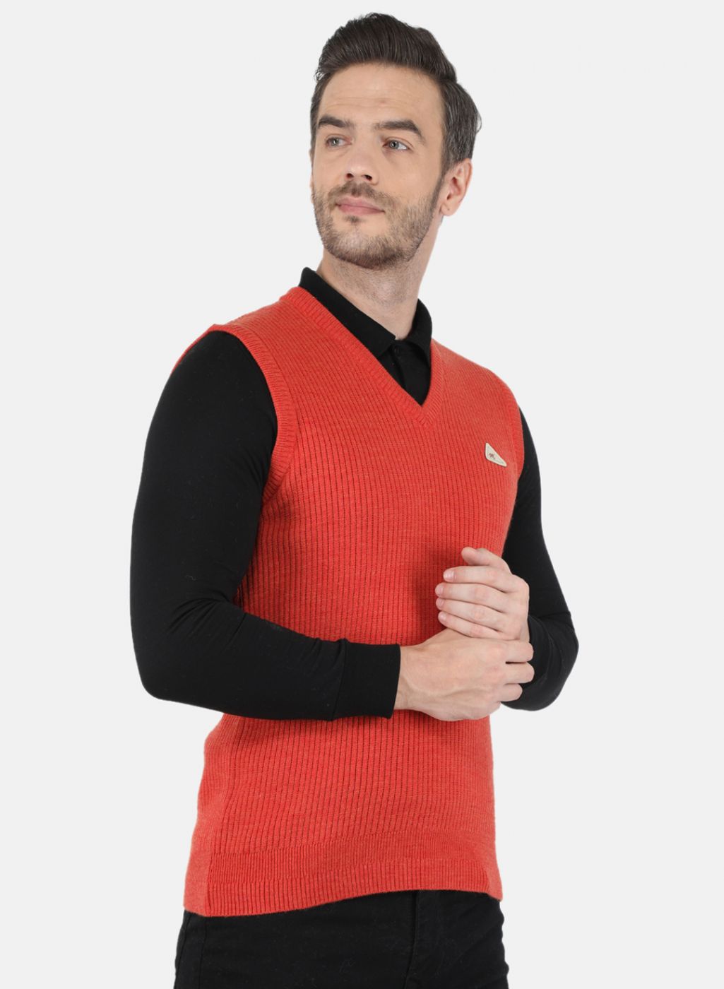 Men Orange Self Design Sweater