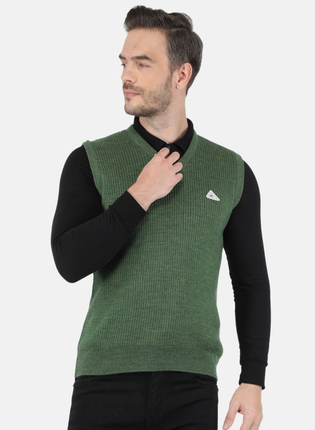 Men Olive Self Design Sweater