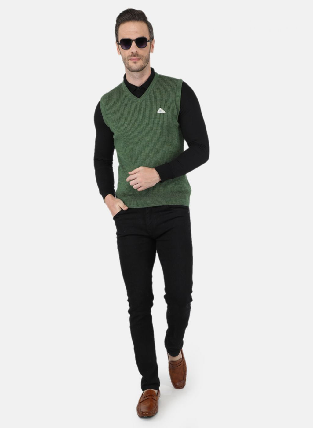 Men Olive Self Design Sweater