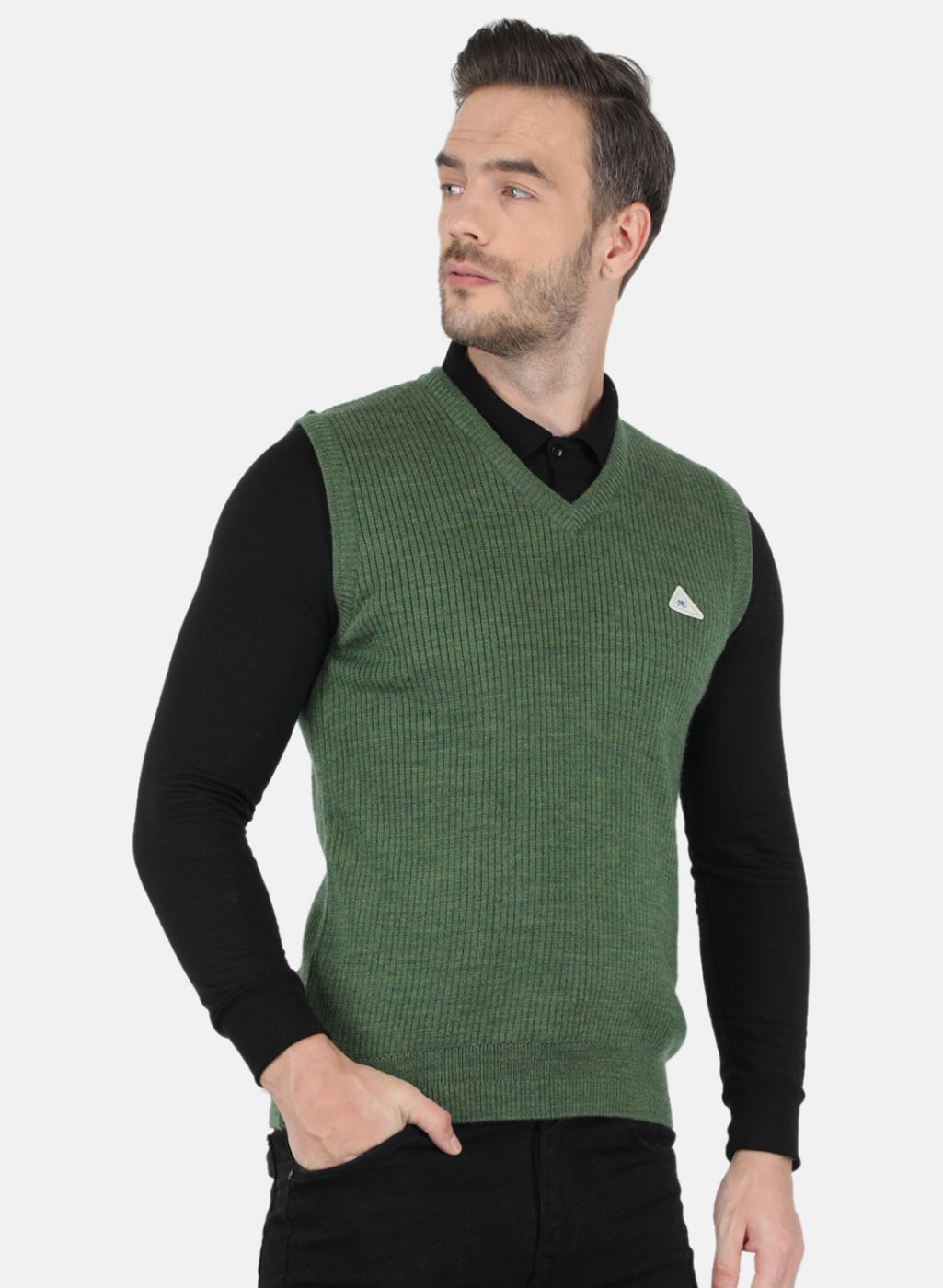 Men Olive Self Design Sweater