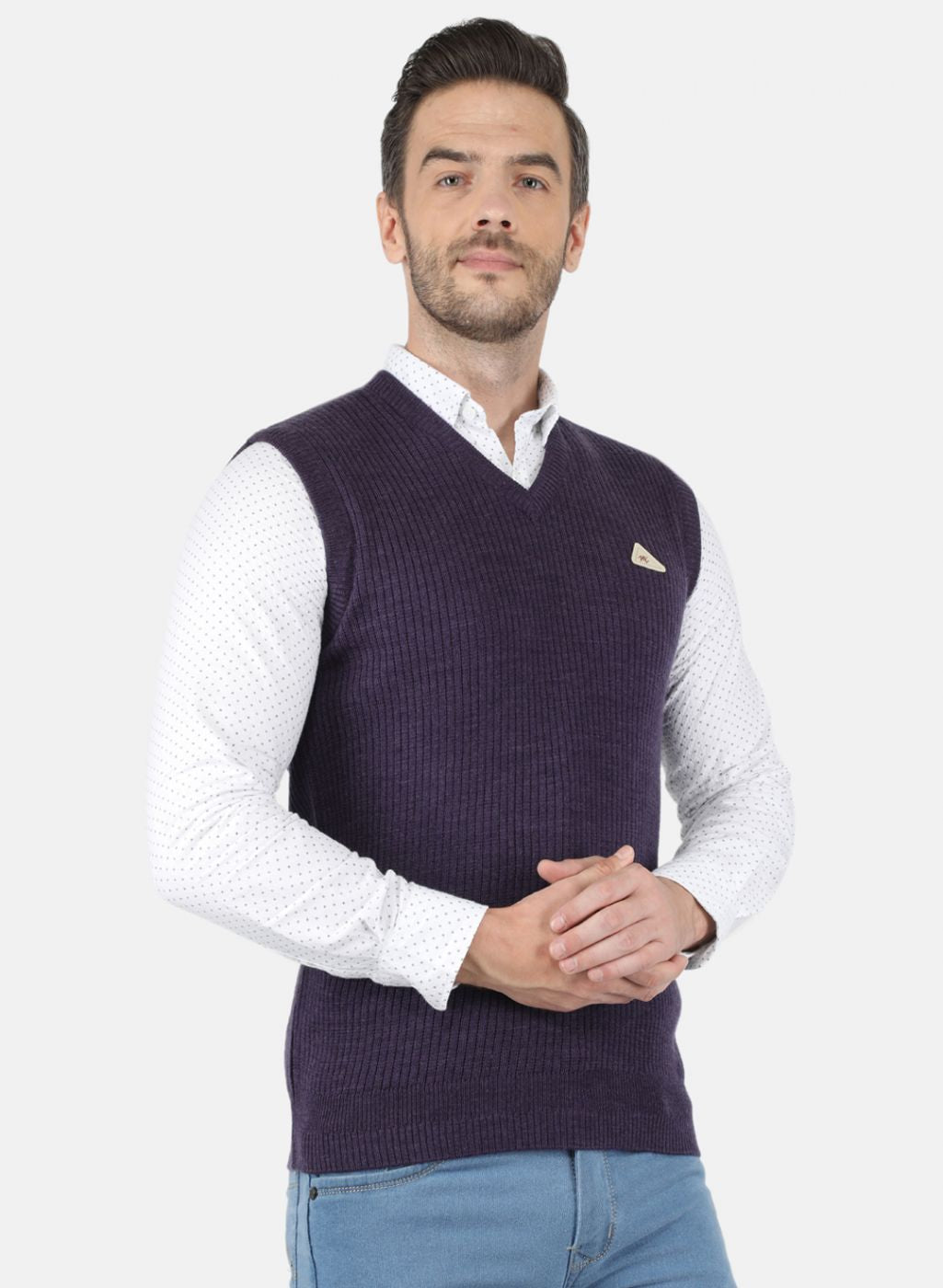 Men Purple Self Design Sweater