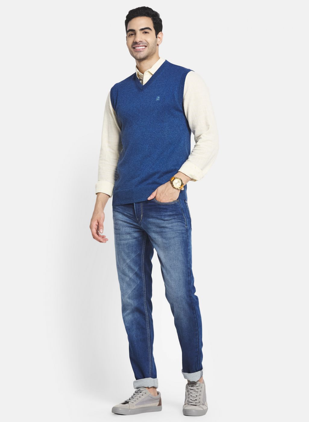 Men Blue Solid Sweater