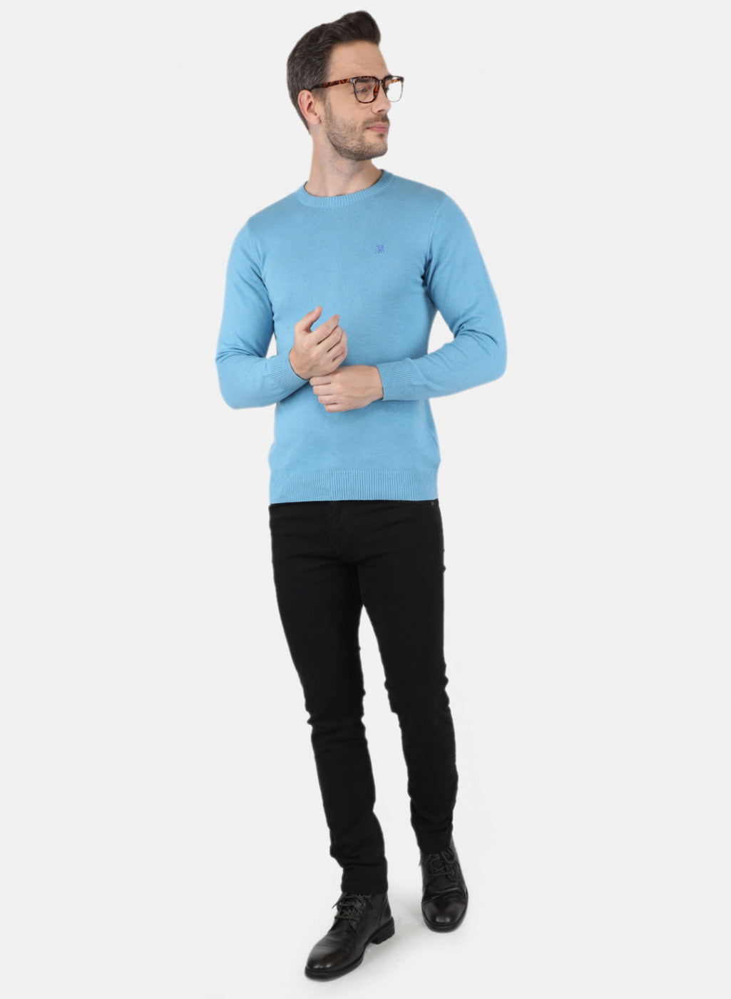 Men Sky Blue Solid Pullover