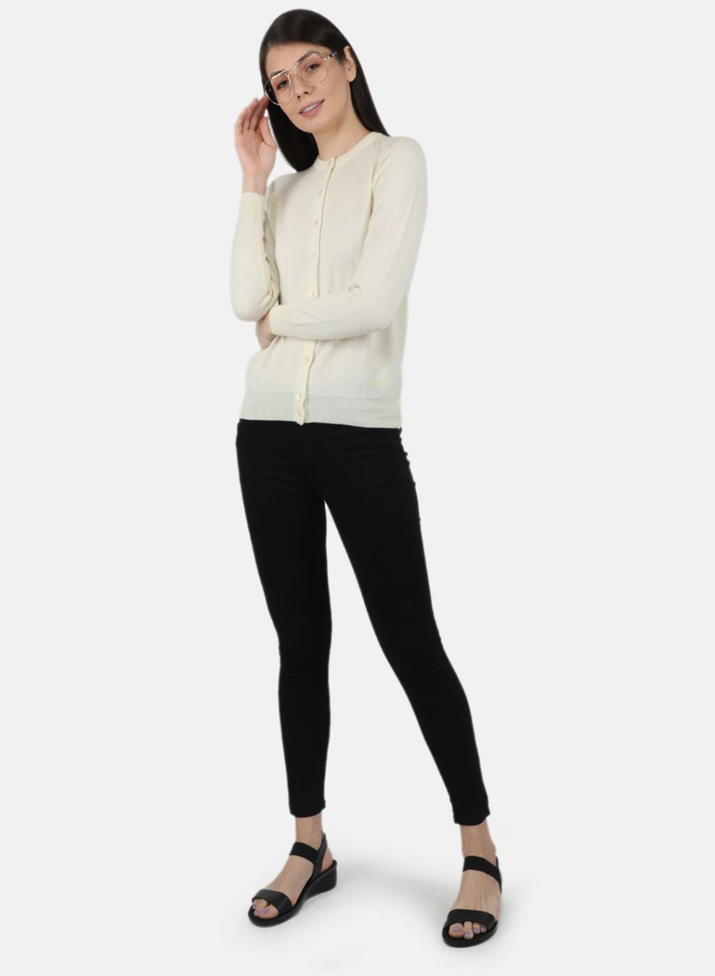 Women Off White Solid Cardigan