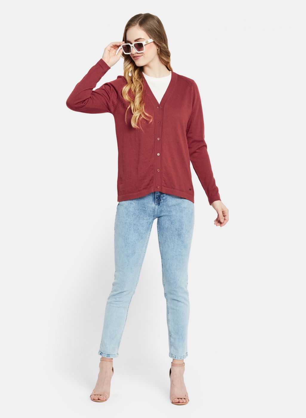 Women Red Solid Cardigan